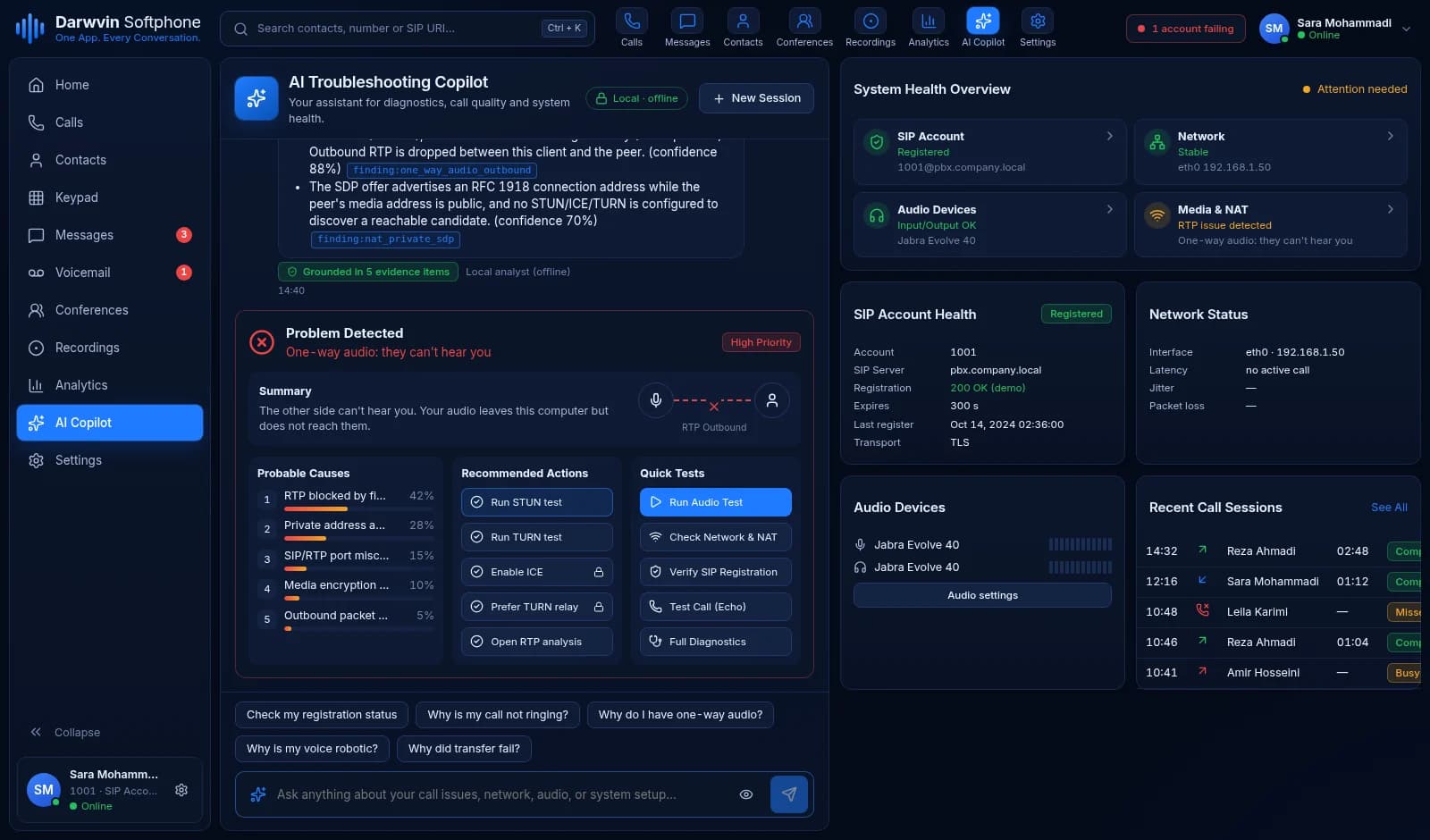 AI troubleshooting Copilot in local offline mode explaining a one-way audio problem, with probable causes, recommended actions and quick tests.