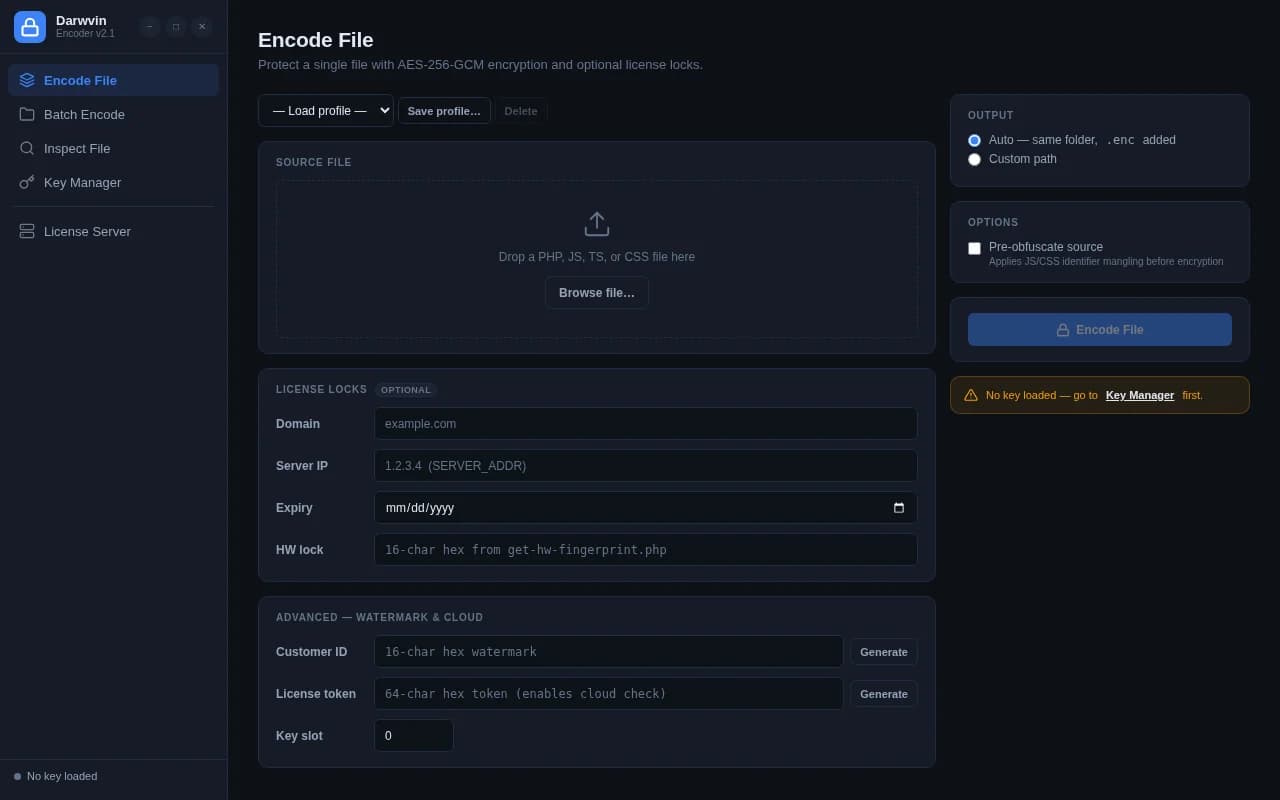 اپلیکیشن دسکتاپ Darwvin Encoder: انکود یک فایل با قفل دامنه، IP سرور، تاریخ انقضا و سختافزار، واترمارک مشتری و توکن لایسنس