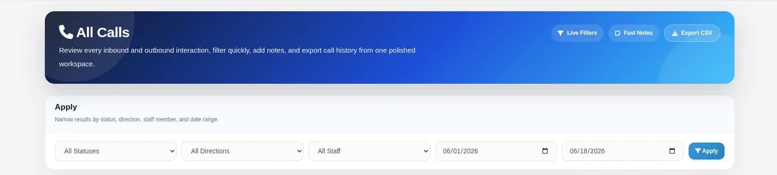 نمای «همهٔ تماسها» در PerfexVoIP با فیلتر وضعیت، جهت، کارمند و بازهٔ زمانی