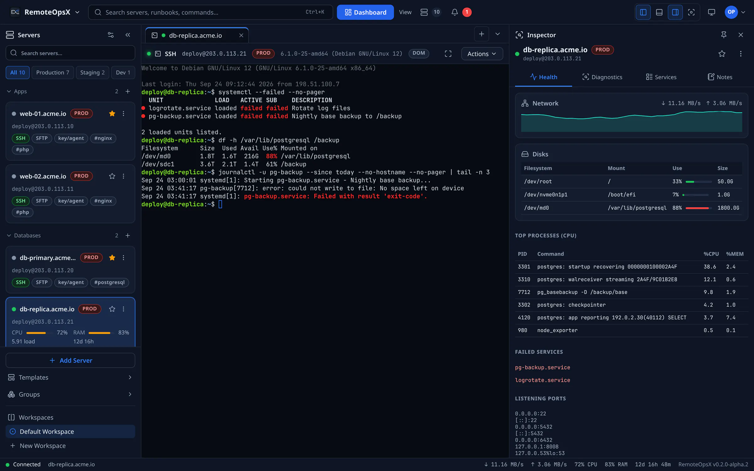 نشست SSH روی db-replica.acme.io که دو سرویس ناموفق systemd و یک دیسک داده با ۸۸ درصد پرشدگی را فهرست می‌کند، در کنار پنل سلامت Inspector با توان عملیاتی شبکه، نوارهای مصرف دیسک که /var/lib/postgresql در آن قرمز است، پرمصرف‌ترین پروسه‌ها از نظر CPU، سرویس‌های ناموفق pg-backup و logrotate، و پورت‌های در حال شنود.