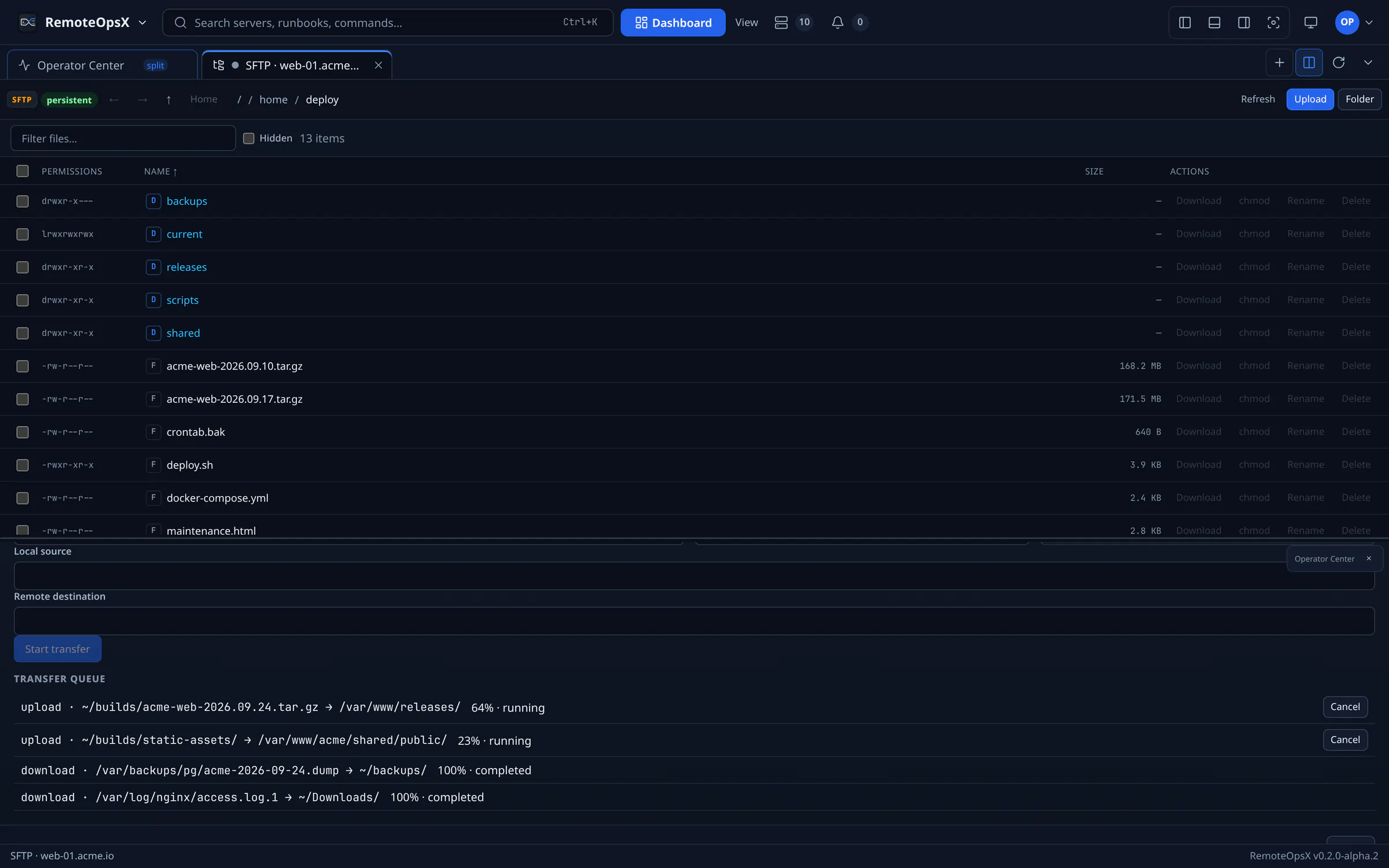 صفحهٔ دوبخشی افقی: بخش بالا مرورگر فایل SFTP برای /home/deploy روی web-01.acme.io با مجوزها، اندازه‌ها و عملیات هر فایل؛ بخش پایین صف انتقال Operator Center با دو آپلود در حال اجرا در ۶۴ و ۲۳ درصد و دو دانلود تکمیل‌شده.