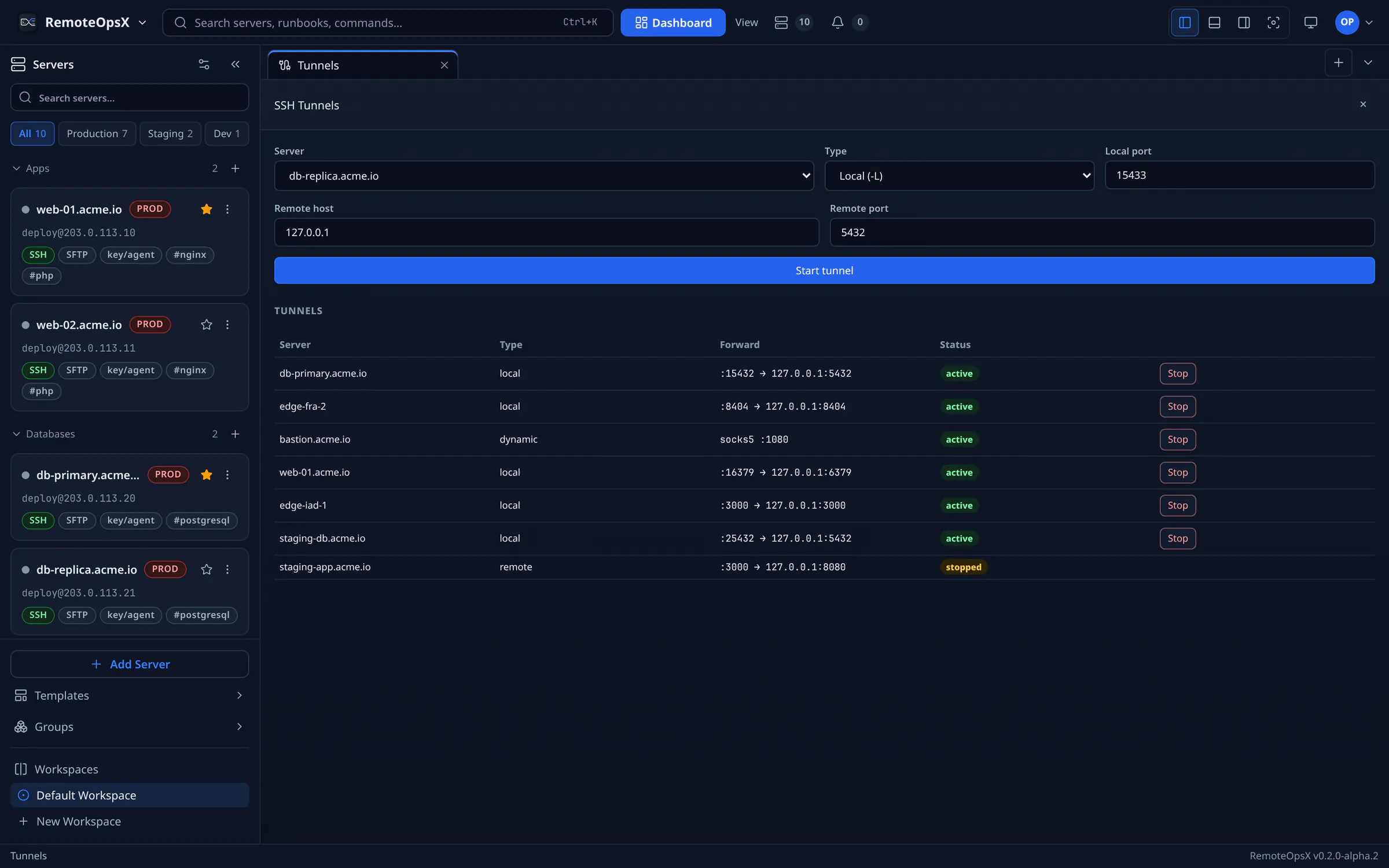 مدیر تونل‌های SSH با فرمی که یک local forward از پورت 15433 به PostgreSQL روی db-replica.acme.io آماده می‌کند، بالای جدولی از شش تونل فعال (local forwardها و یک پراکسی SOCKS5 از طریق bastion.acme.io) و یک remote forward متوقف‌شده.