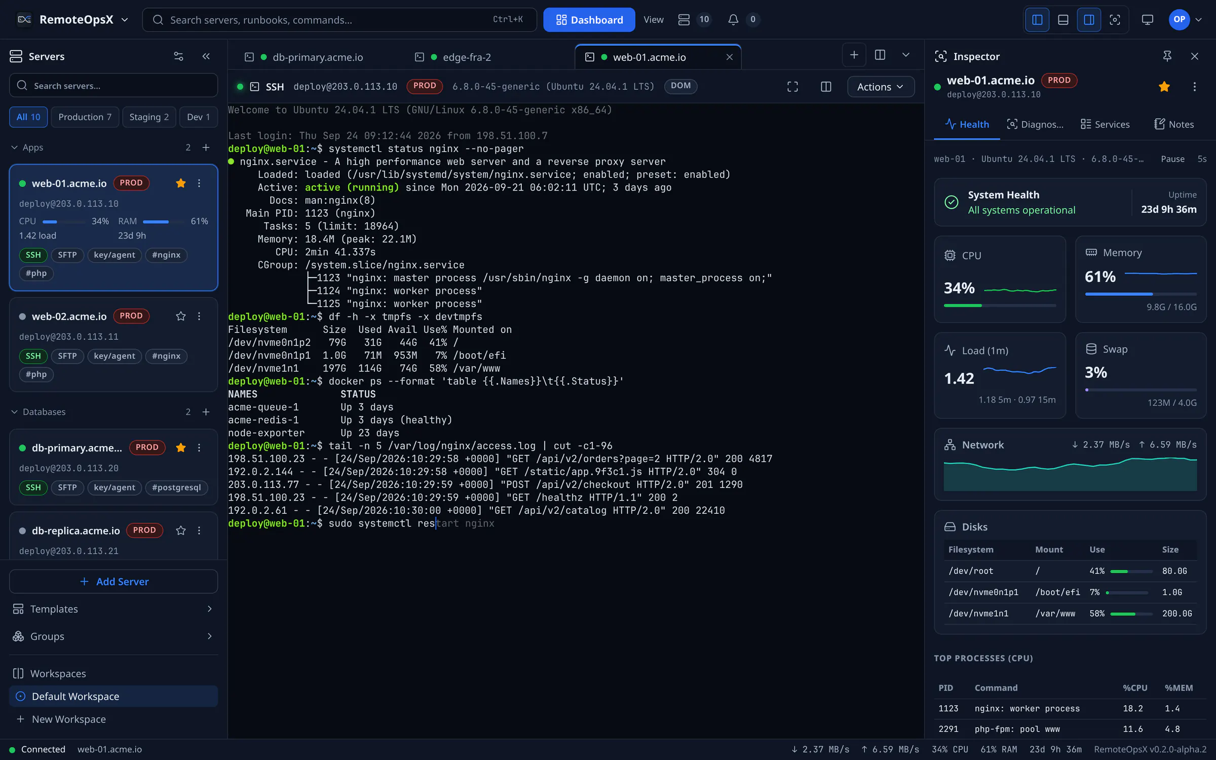 RemoteOpsX با تم تیره: نوار کناری سرورها که در دو گروه Apps و Databases دسته‌بندی شده‌اند، سه تب SSH که web-01.acme.io در آن فعال است و خروجی systemctl status nginx، مصرف دیسک، کانتینرها و یک لاگ دسترسی را نشان می‌دهد، عبارت تایپ‌شدهٔ «sudo systemctl res» با پیشنهاد خاکستری درون‌خطی «tart nginx»، و پنل Inspector با وضعیت زندهٔ CPU، حافظه، بار، شبکه و دیسک.